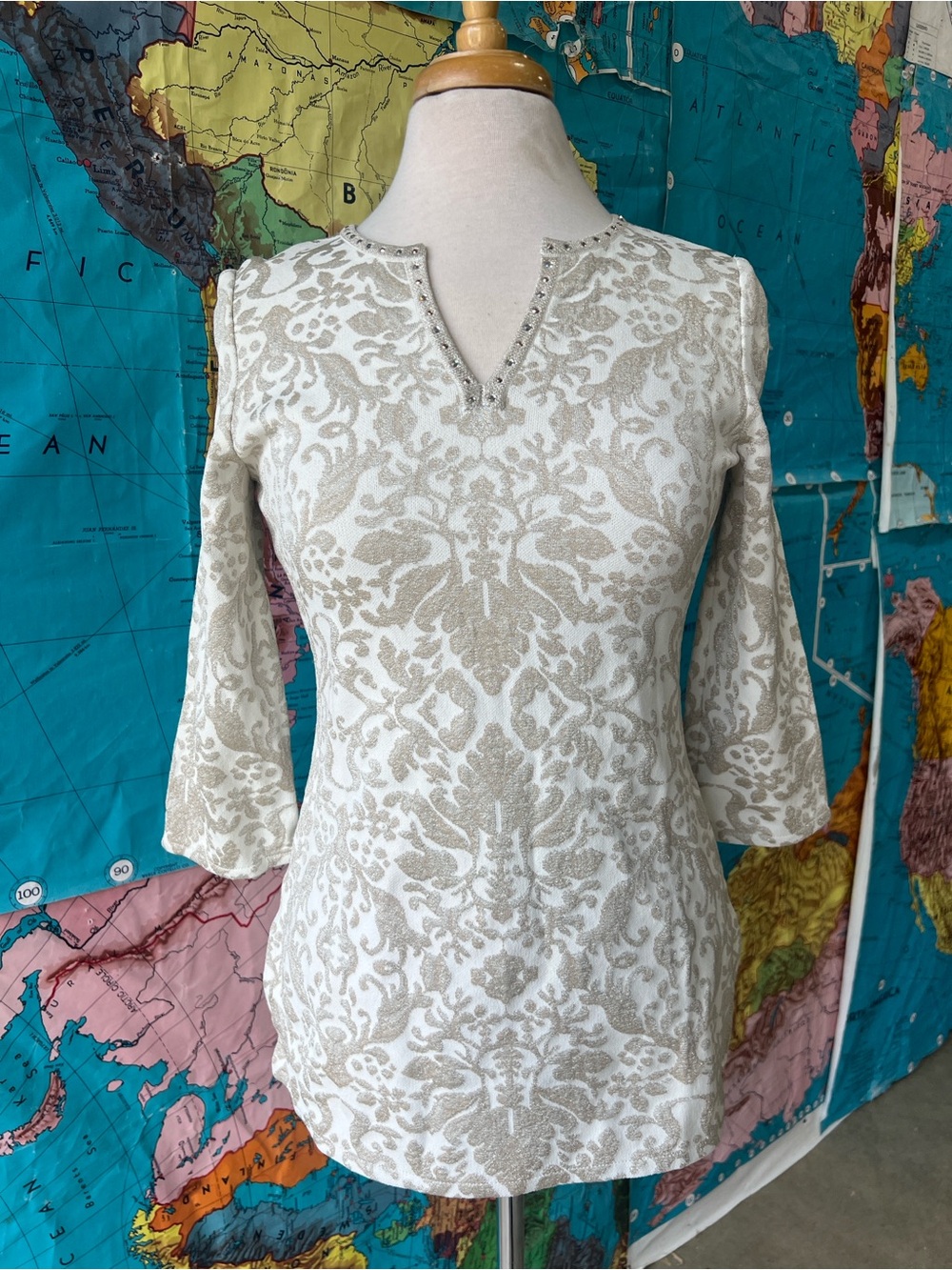 St. John Cream and Beige Damask Tunic with Studded V-Neck